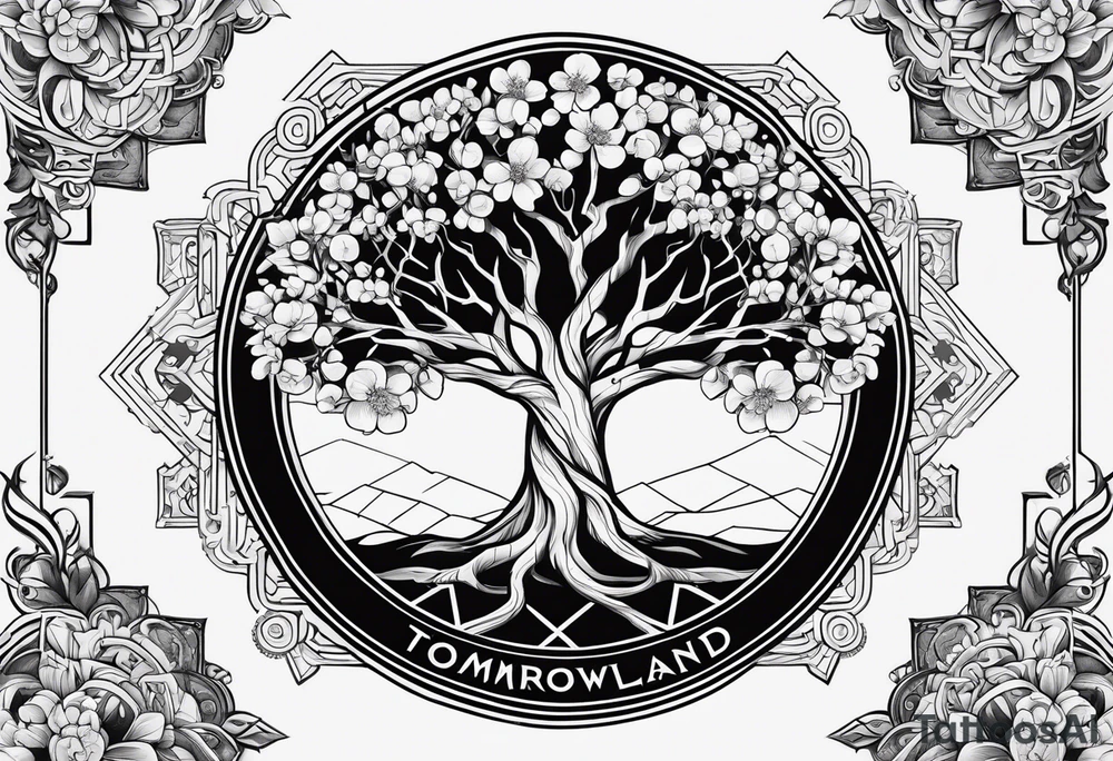 yggdrasil, five or six cherry tree flower on the upper left, the logo of tommorowland, and on the background a geometrical shape tattoo idea