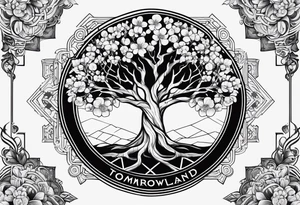 yggdrasil, five or six cherry tree flower on the upper left, the logo of tommorowland, and on the background a geometrical shape tattoo idea