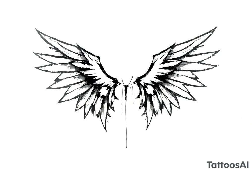 This tattoo design features a pair of stylized wings drawn in black ink with a sketch-like, abstract aesthetic. The wings are composed of sharp, angular feathers with jagged edges, giving them a rough, almost tribal or gothic appearance. The shading is done with a mix of soft gradients and stippling, adding depth and texture to the design. The center where the wings meet is fragmented, with thin lines extending downward, creating a sense of movement and raw energy. This design would make for a bold and edgy tattoo, symbolizing freedom, strength, or a rebellious spirit. tattoo idea