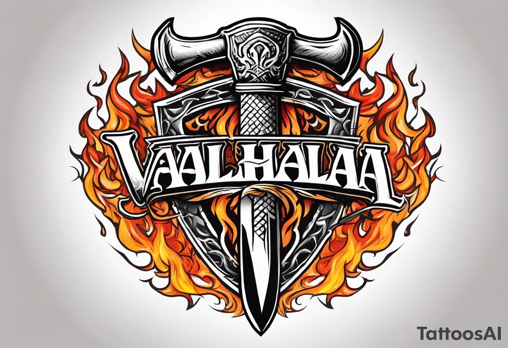 valhalla on fire sword shield axe warrior tattoo idea