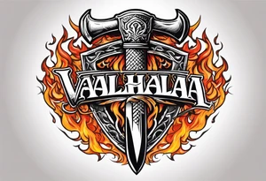 valhalla on fire sword shield axe warrior tattoo idea