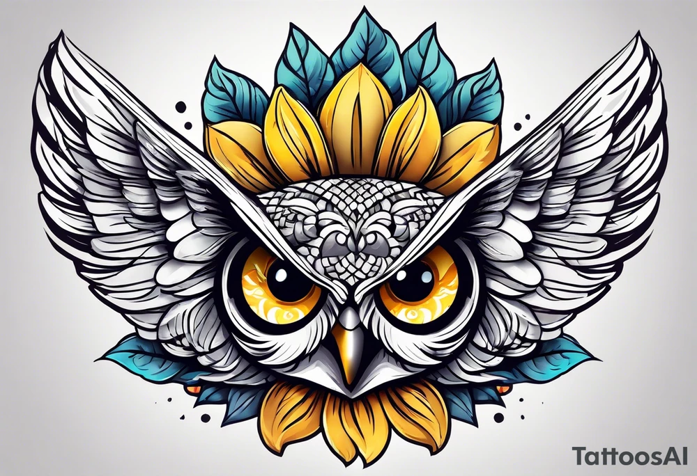 Small owl with butterfly and sunflower leg sleeve tattoo idea