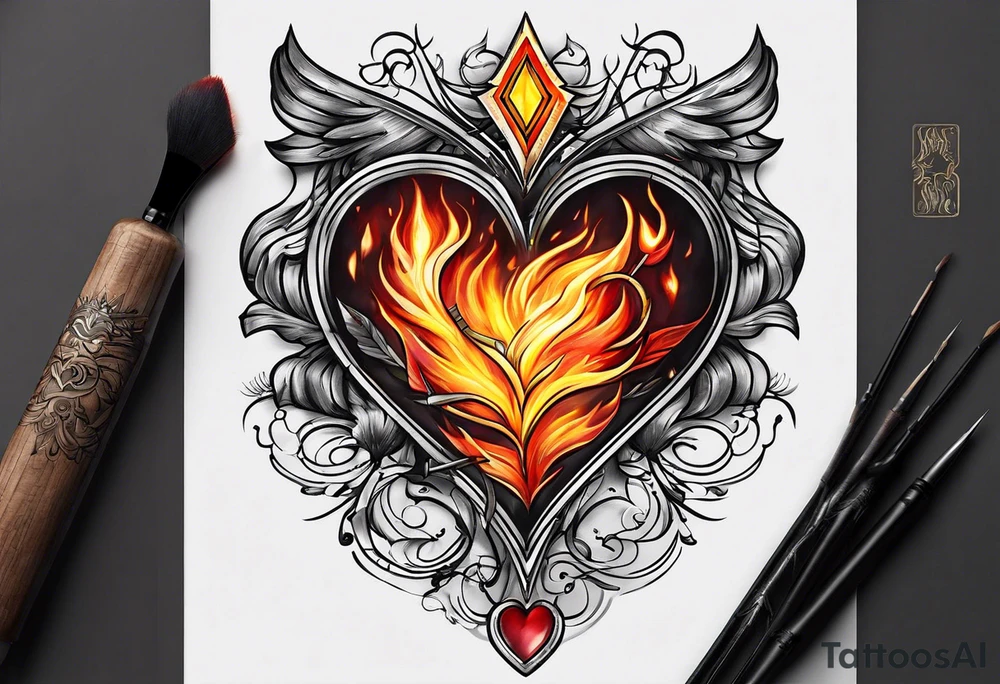 Heart on fire with an arrow shot through it. Showcasing things were difficult between me and my husband and how we are separating our paths tattoo idea