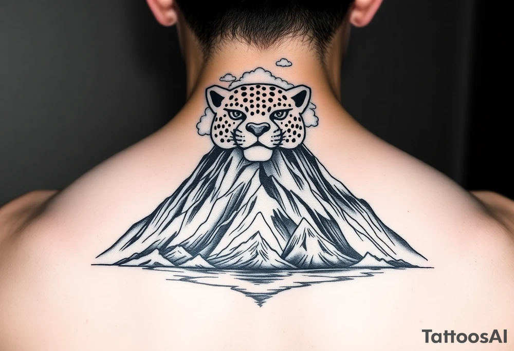 Primary focus is a mountain. At the crown of the mountain is a jaguar face made of puffy cumulus clouds. At the base of the mountain is a reflective salt flats. Use Peruvian accents in the design tattoo idea