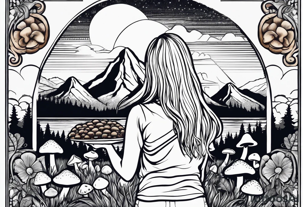 Straight long blonde hair hippie girl in distance holding mushrooms in hand facing away toward mountains and creek surrounded by mushrooms tee shirt and hiking pants tattoo idea