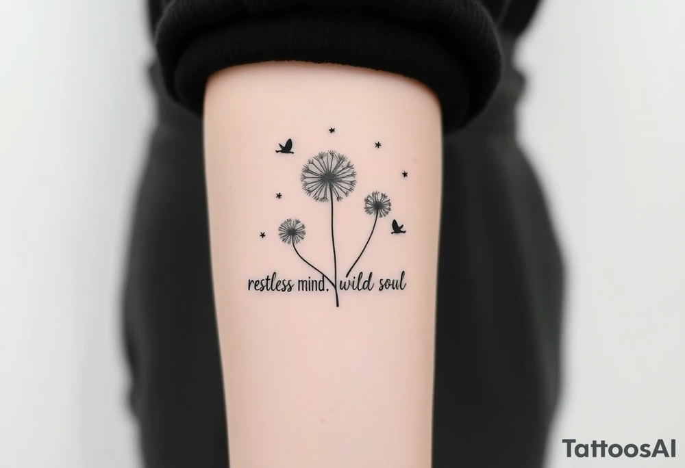 Double Black armband line around the forearm with wildflower dandelions in the middle with birds flying off and dopamine symbol coming off the stem. The words: Restless Mind, Wild Soul, Soft Heart tattoo idea