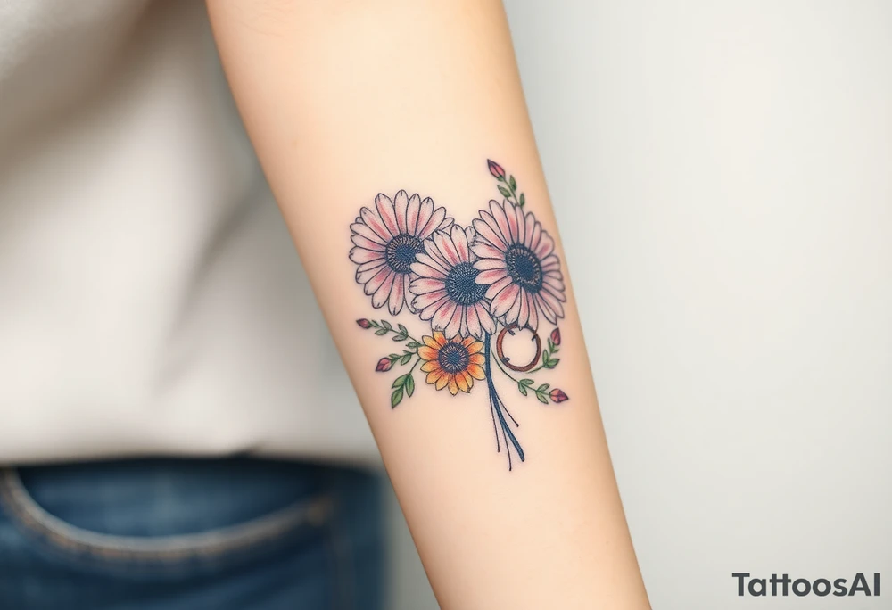 Fine line flower bouquet tattoo with 3 gerbera daisies and other flowers and infinity symbol worked in as part of the design tattoo idea