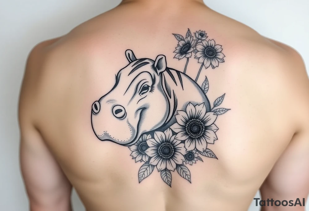 Cute hippo and with sunflowers and carnations tattoo idea