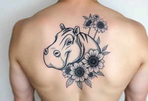 Cute hippo and with sunflowers and carnations tattoo idea