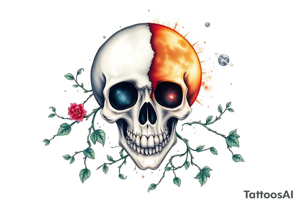 gothic skull as the moon and life as the sun. intertwined with climbing  vines as space dust connecting planets and galaxy in background of skull tattoo idea