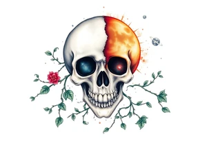 gothic skull as the moon and life as the sun. intertwined with climbing  vines as space dust connecting planets and galaxy in background of skull tattoo idea