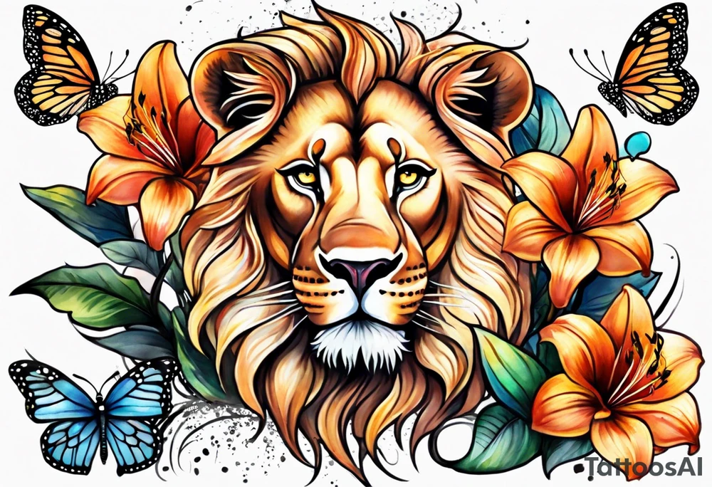 African lion lilies butterflies crown tattoo idea