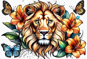 African lion lilies butterflies crown tattoo idea
