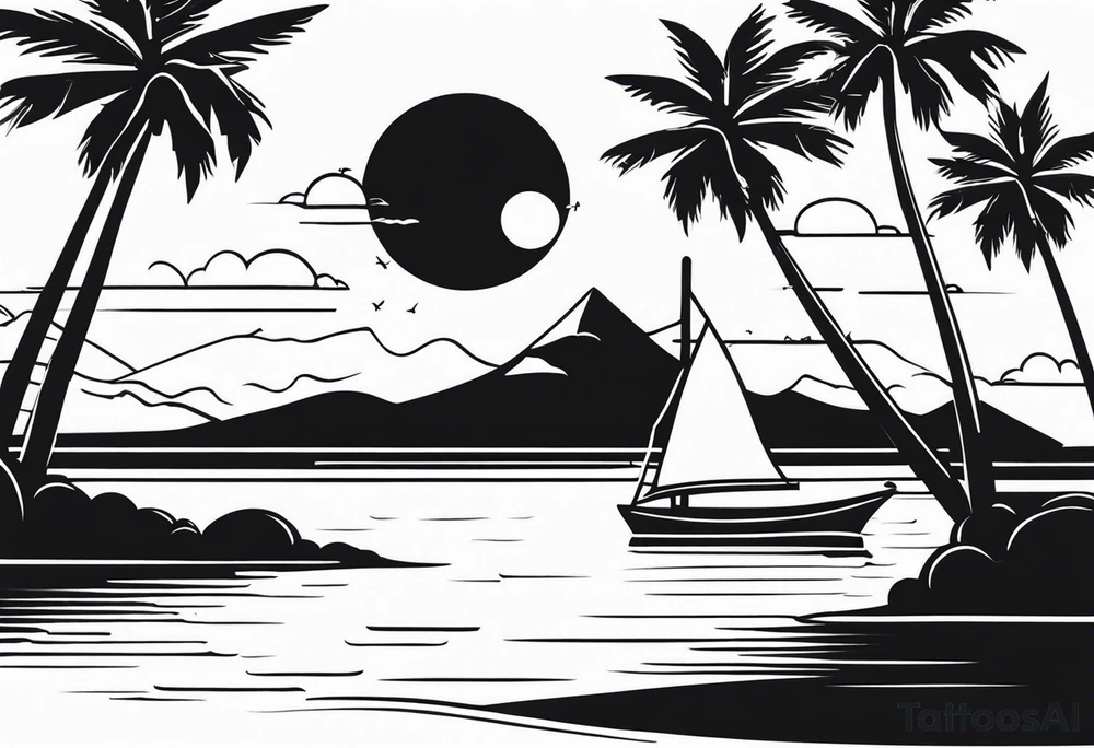 Clean lines palm tree boat sun tattoo idea