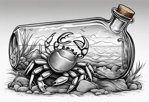 A message in a bottle. Rolled up map inside the bottle with a crab hanging on to the outside of the bottle. The bottle has a cork. tattoo idea