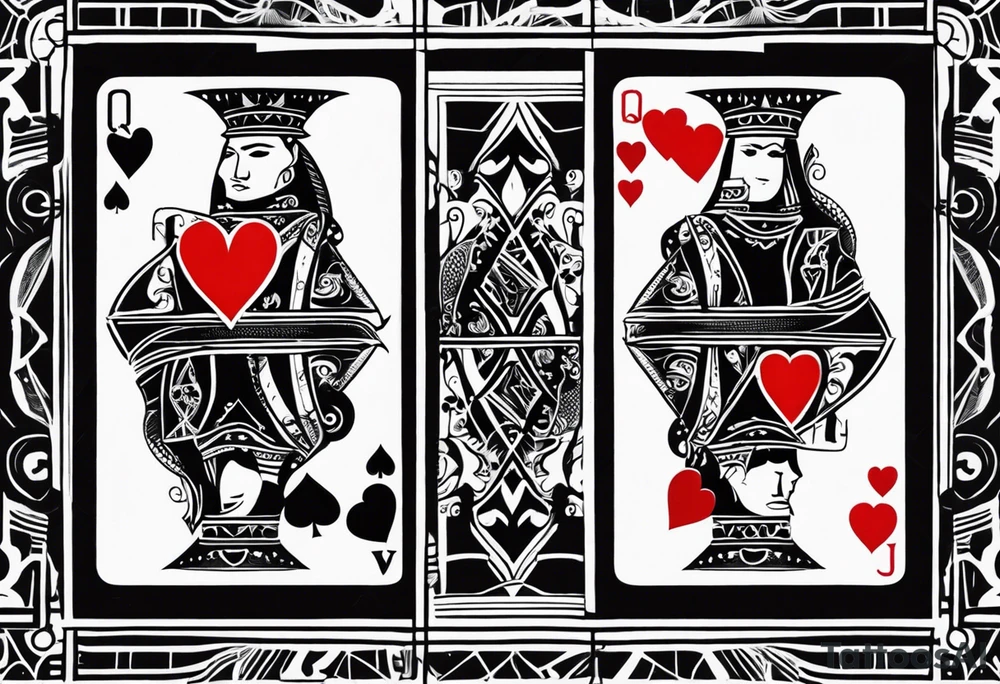 one playing card with both queen of hearts and king of spades in extreme minimalistic style tattoo idea