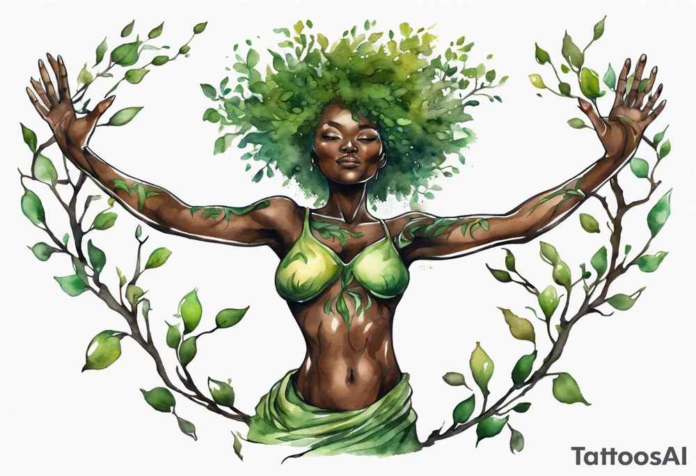 A tree woman with dark skin with green eyes with branch arms reaching up towards the sun and feet planted in the soil tattoo idea