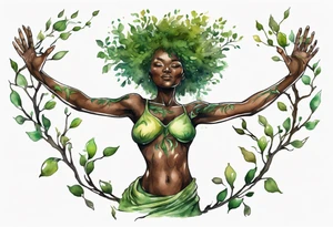 A tree woman with dark skin with green eyes with branch arms reaching up towards the sun and feet planted in the soil tattoo idea