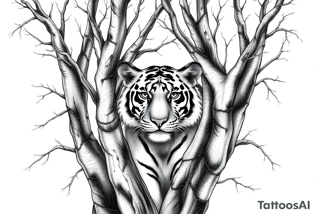 In front of the intertwined trees, looming inside the woods was a tiger that was very hard to see. tattoo idea