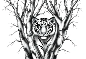 In front of the intertwined trees, looming inside the woods was a tiger that was very hard to see. tattoo idea