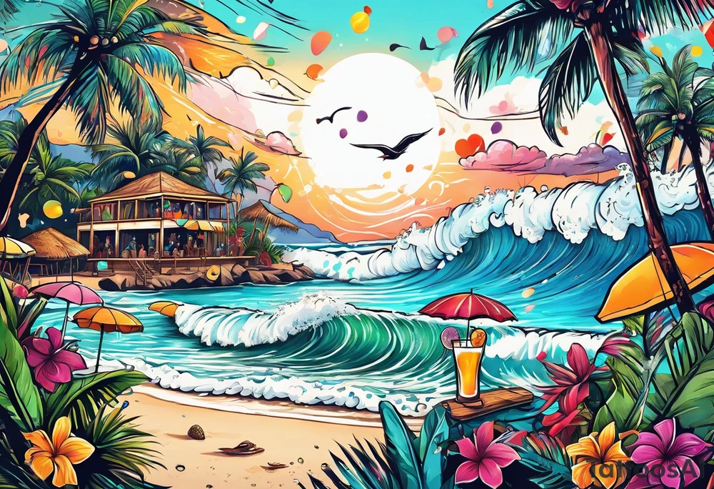 SURFING SAFARI BEACH PARTY WITH CONFETTI AND MUSIC NOTES, TROPICAL DRINKS, BIKINIS tattoo idea