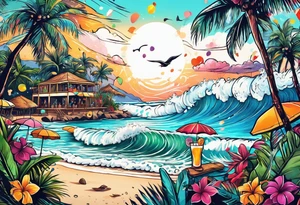 SURFING SAFARI BEACH PARTY WITH CONFETTI AND MUSIC NOTES, TROPICAL DRINKS, BIKINIS tattoo idea
