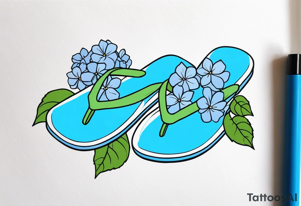 small tattoo of a single pastel blue flip flop surrounded by blue and periwinkle hydrangea flowers with green leaves tattoo idea