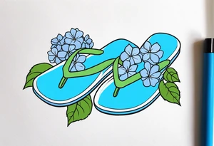 small tattoo of a single pastel blue flip flop surrounded by blue and periwinkle hydrangea flowers with green leaves tattoo idea