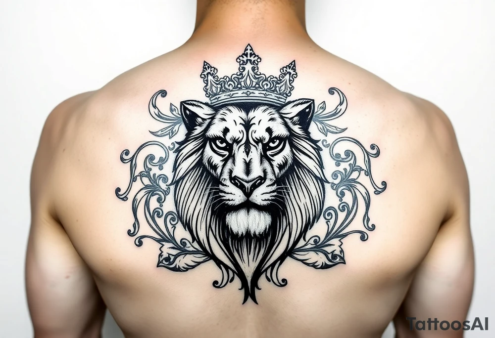majestic lion wearing ornate crown, surrounded by baroque flourishes tattoo idea
