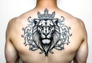 majestic lion wearing ornate crown, surrounded by baroque flourishes tattoo idea