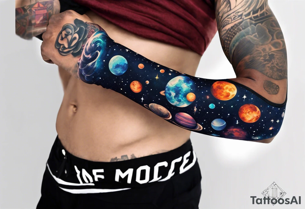 space themed arm sleeve. I want a feeling of being above it all. I like man on the move imagery inspired by kid cudi tattoo idea