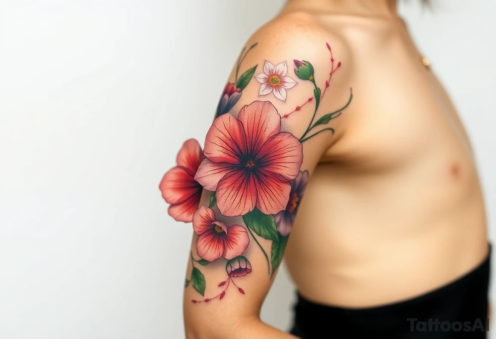 Fore arm tattoo in the neo american traditional style. I want to incorporate a few different flowers: Poppies, Morning Glory, Narcissus with green leaves in the background tattoo idea