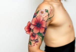 Fore arm tattoo in the neo american traditional style. I want to incorporate a few different flowers: Poppies, Morning Glory, Narcissus with green leaves in the background tattoo idea