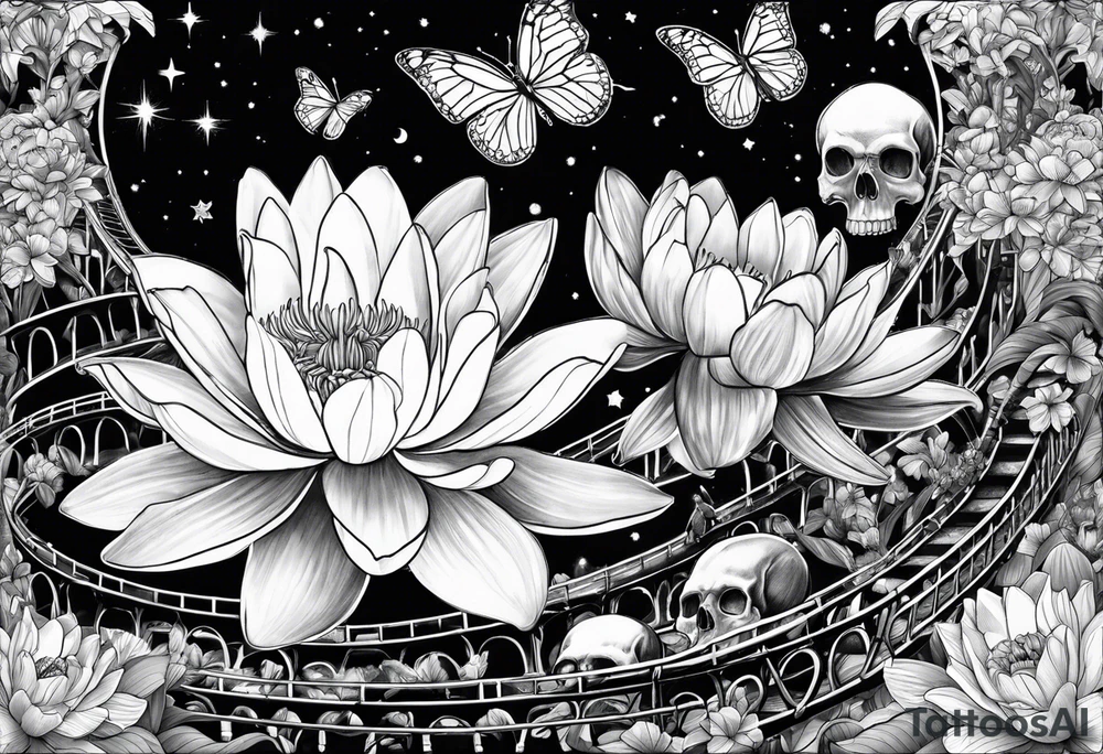 roller coaster track, water lily, daffodils, space and stars, skulls tattoo idea
