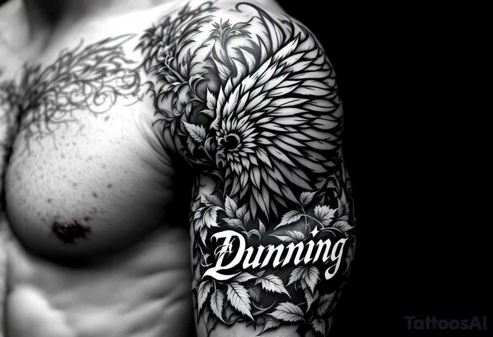 Dunning, details include angel wing, greek type of font,jungle leaves , tiger claw scratch tattoo idea
