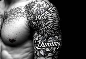 Dunning, details include angel wing, greek type of font,jungle leaves , tiger claw scratch tattoo idea
