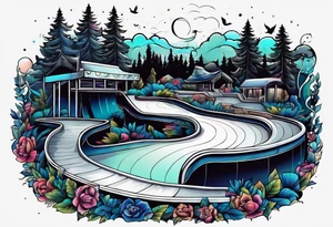 liminal skate park in night time scene tattoo idea