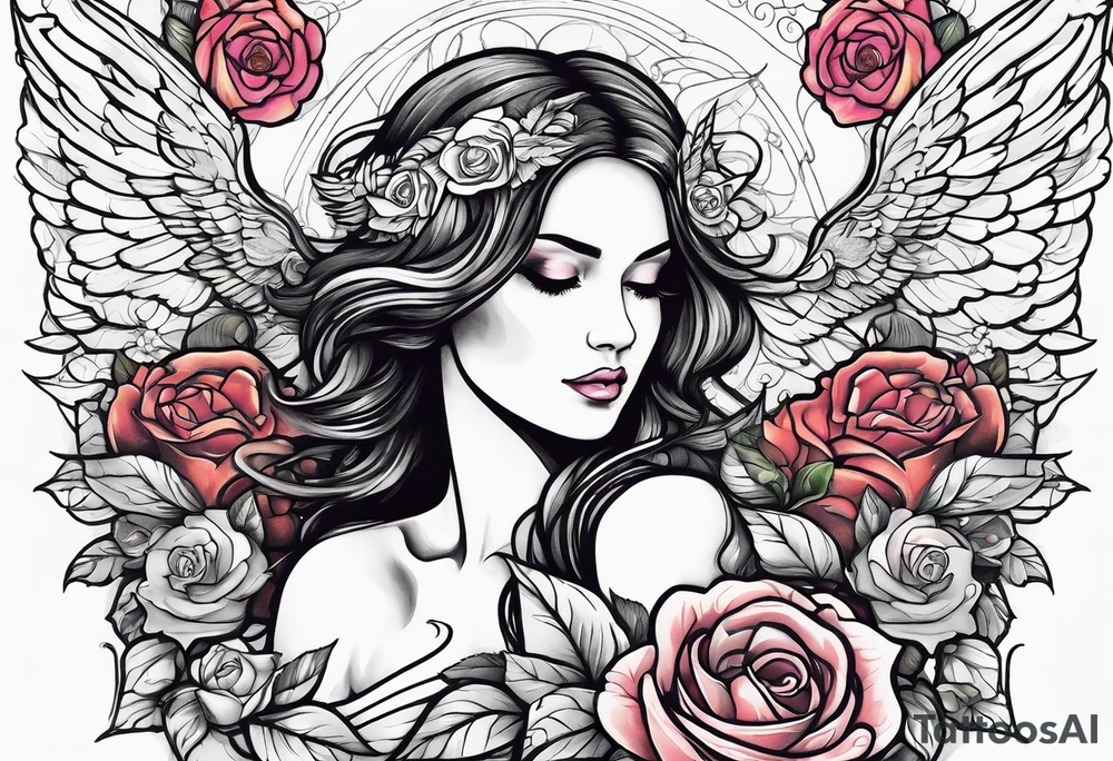 Beautiful woman angle with wings standing surrounded by roses tattoo idea