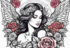 Beautiful woman angle with wings standing surrounded by roses tattoo idea