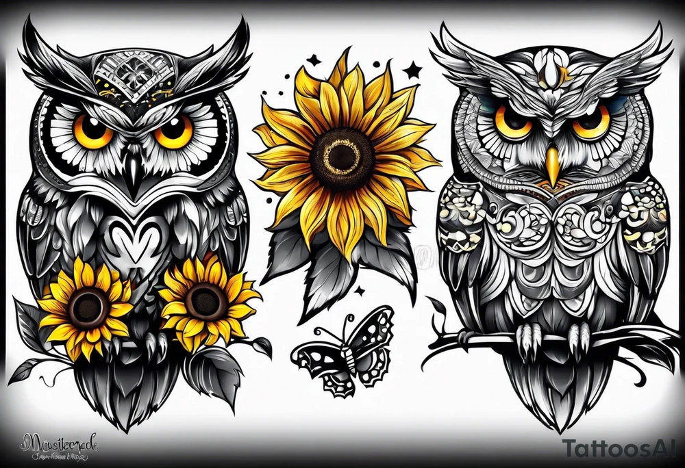 Owl sunflower and butterfly half sleeve tattoo idea