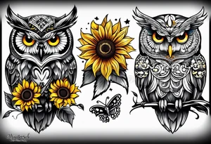 Owl sunflower and butterfly half sleeve tattoo idea