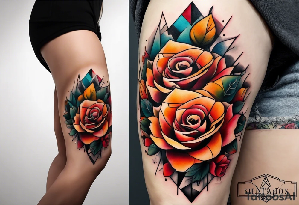 knee tattoo with geometry, roses and swirl washes in background in fall colors tattoo idea