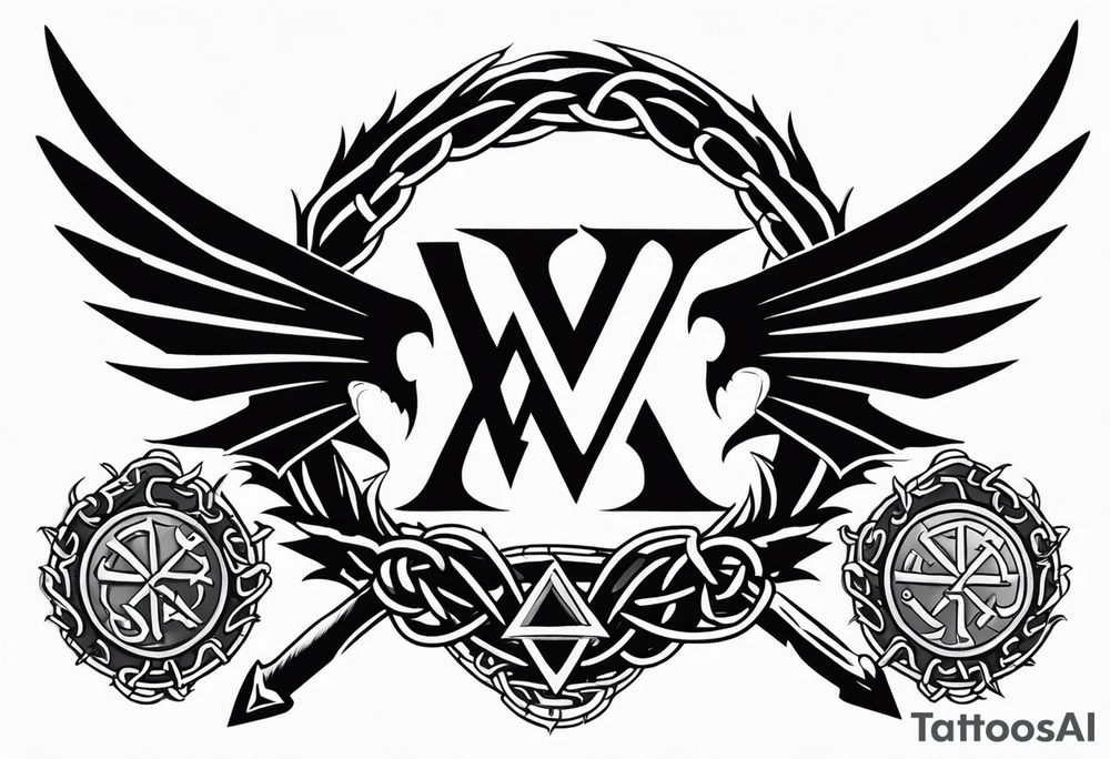 Valhalla sword shield dragon axe Valknut barbed wire chains tattoo idea Valhalla sword shield dragon axe Valknut barbed wire chains tattoo idea