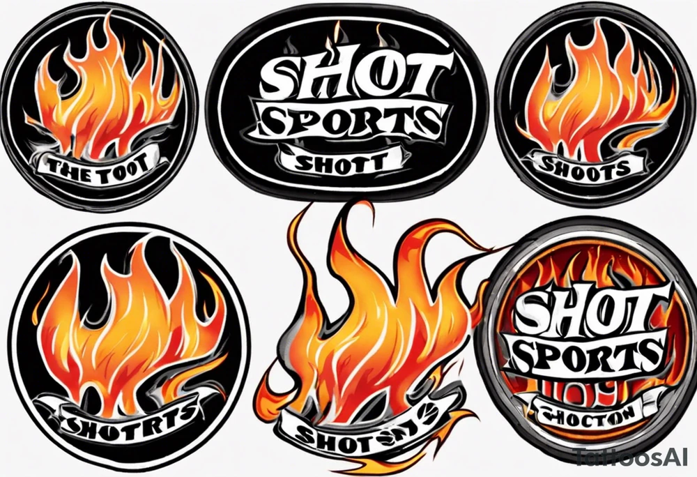 hockey puck with flames on it's side that says "SHOT SPORTS" tattoo idea