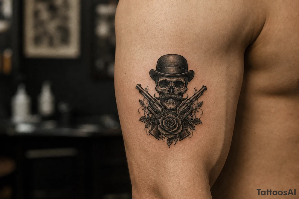 Gothic skull with bowler hat and handlebar mustache, antique revolvers, dark roses. tattoo idea