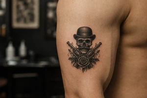 Gothic skull with bowler hat and handlebar mustache, antique revolvers, dark roses. tattoo idea
