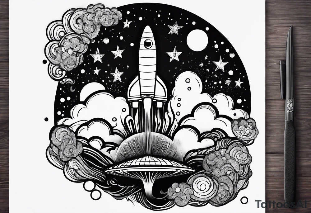 thin rocketship with a psychedelic mushroom top with fire coming out the bottom bursting out of bubble as the bubble pops tattoo idea