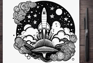 thin rocketship with a psychedelic mushroom top with fire coming out the bottom bursting out of bubble as the bubble pops tattoo idea