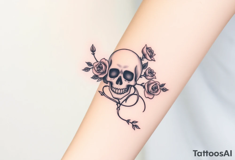gothic skull intertwined with climbing roses and thorny vines tattoo idea