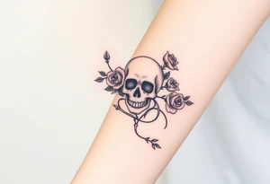 gothic skull intertwined with climbing roses and thorny vines tattoo idea